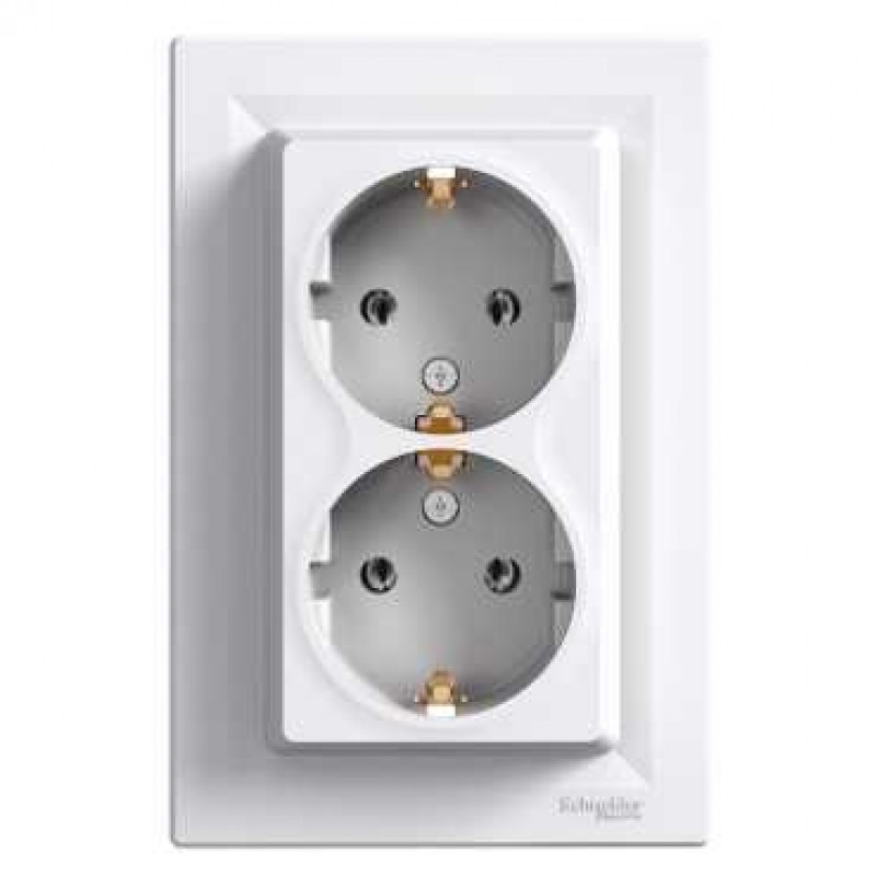 Priza dubla 2P+E st german Schneider Electric Asfora, EPH9900121, contact de protectie, incastrata, rama inclusa, alba