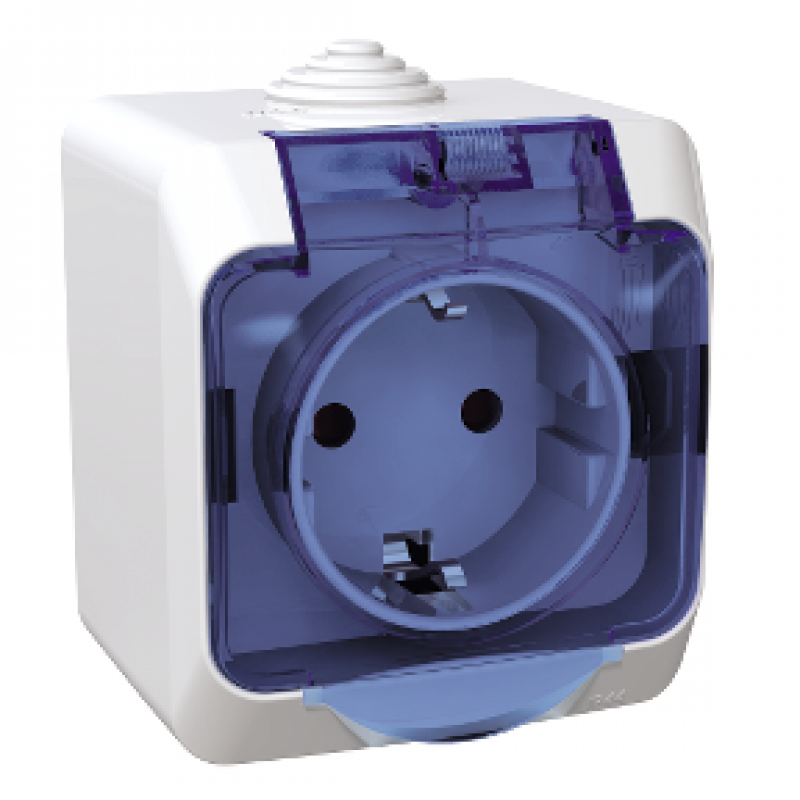 Priza simpla 2P+E IP44 Schneider Electric WDE000543, 16 A, obturatoare, montaj aparent, capac transparent, alba