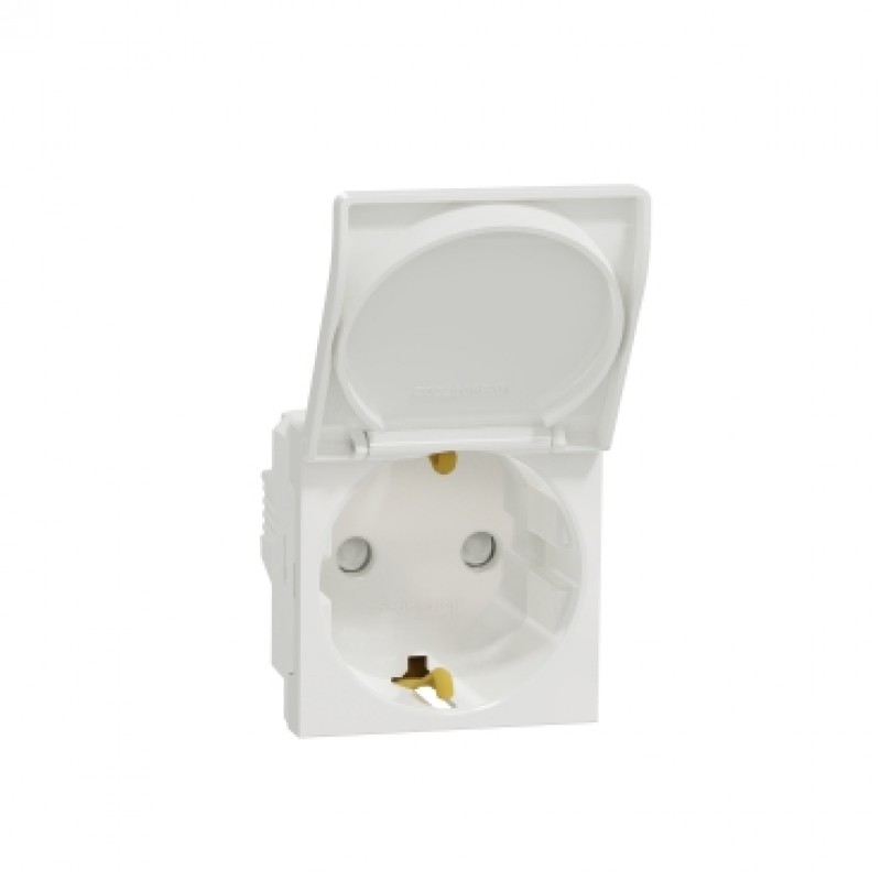 Priza 2P+E 16A cu capac si obturatoare Schneider Electric NOUA UNICA NU303718TA, alba