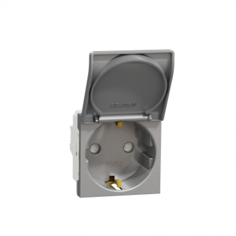 Priza 2P+E 16A Cu Capac Si Obturatoare Schneider Electric NOUA UNICA NU303730TA, Aluminiu