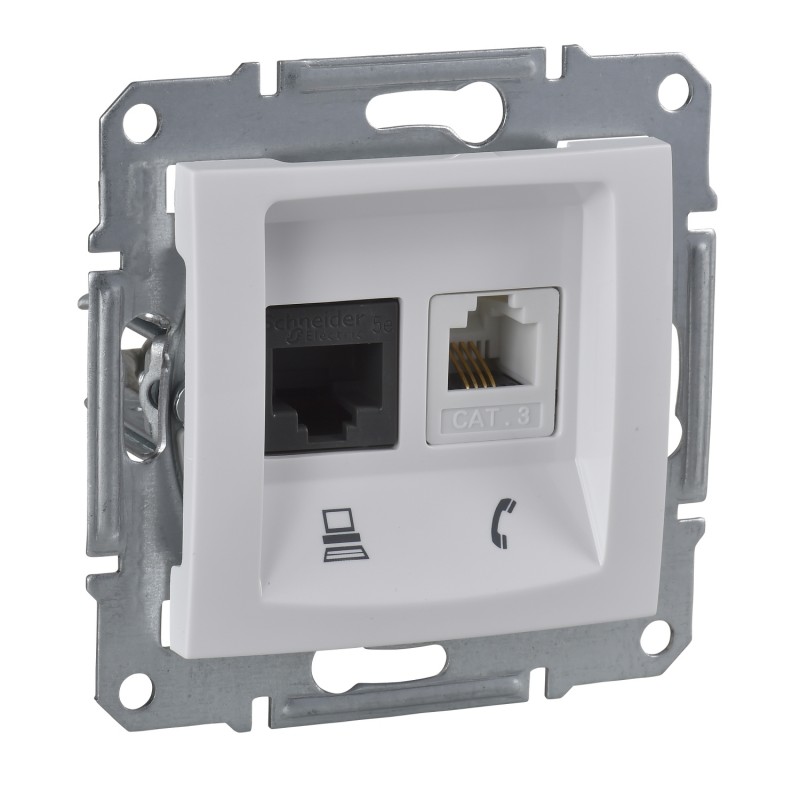 Priza telefon si priza date Schneider Electric Sedna SDN5200121, RJ11+RJ45 Cat.6e, fara rama, alba